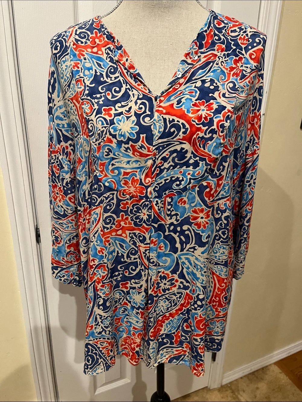 Zara Navy, Red & Light Blue Floral Paisley Blouse